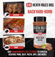 Heath Riles BBQ sprinkled on pork shoulder adding nutty flavor