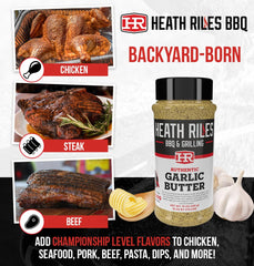 Heath Riles seasoning crust on steak delivering savory, garlicky caramelized benefit
