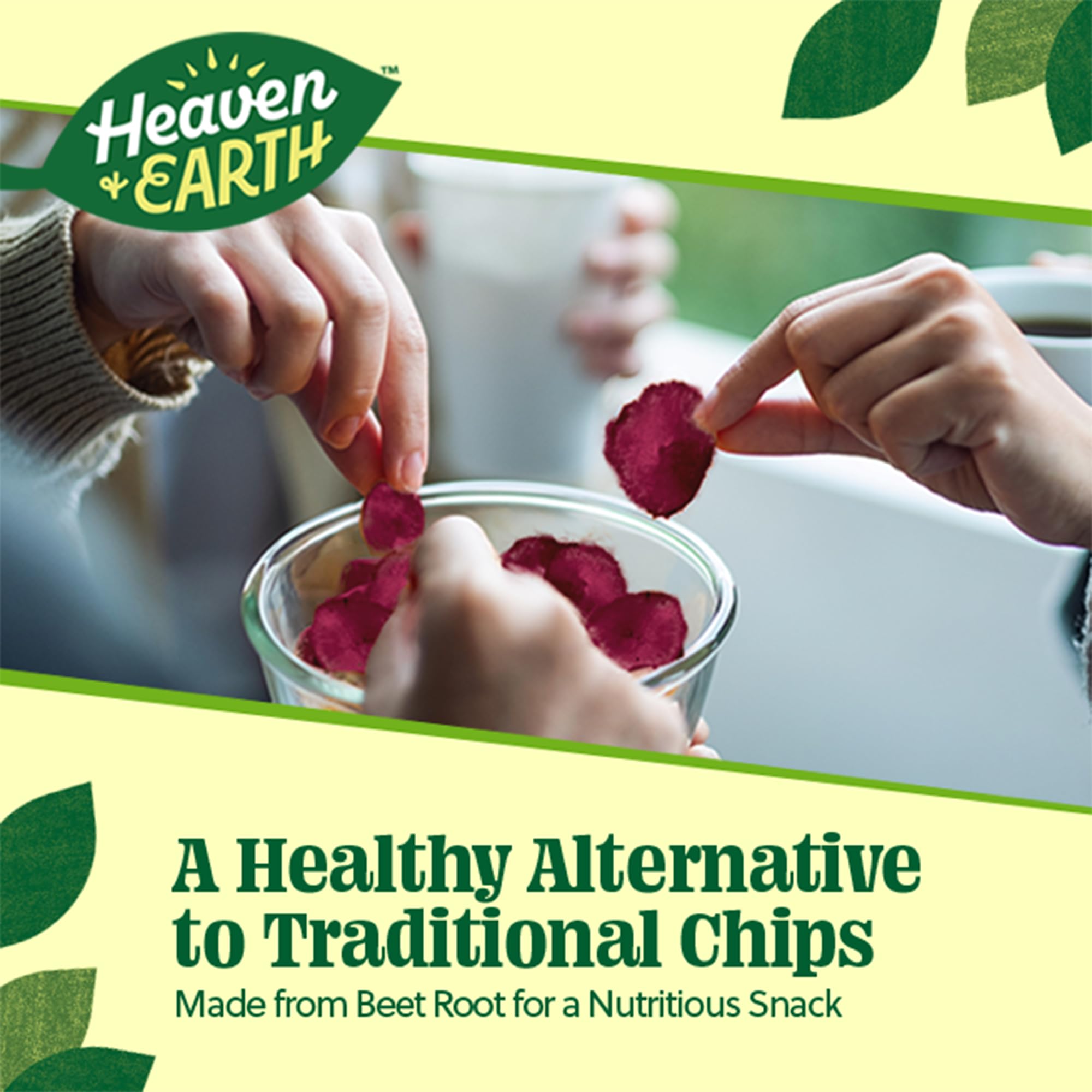 Heaven & Earth single-serve pouch opened to reveal fresh beet crisps for portion control