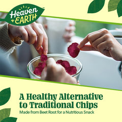 Heaven & Earth single-serve pouch opened to reveal fresh beet crisps for portion control