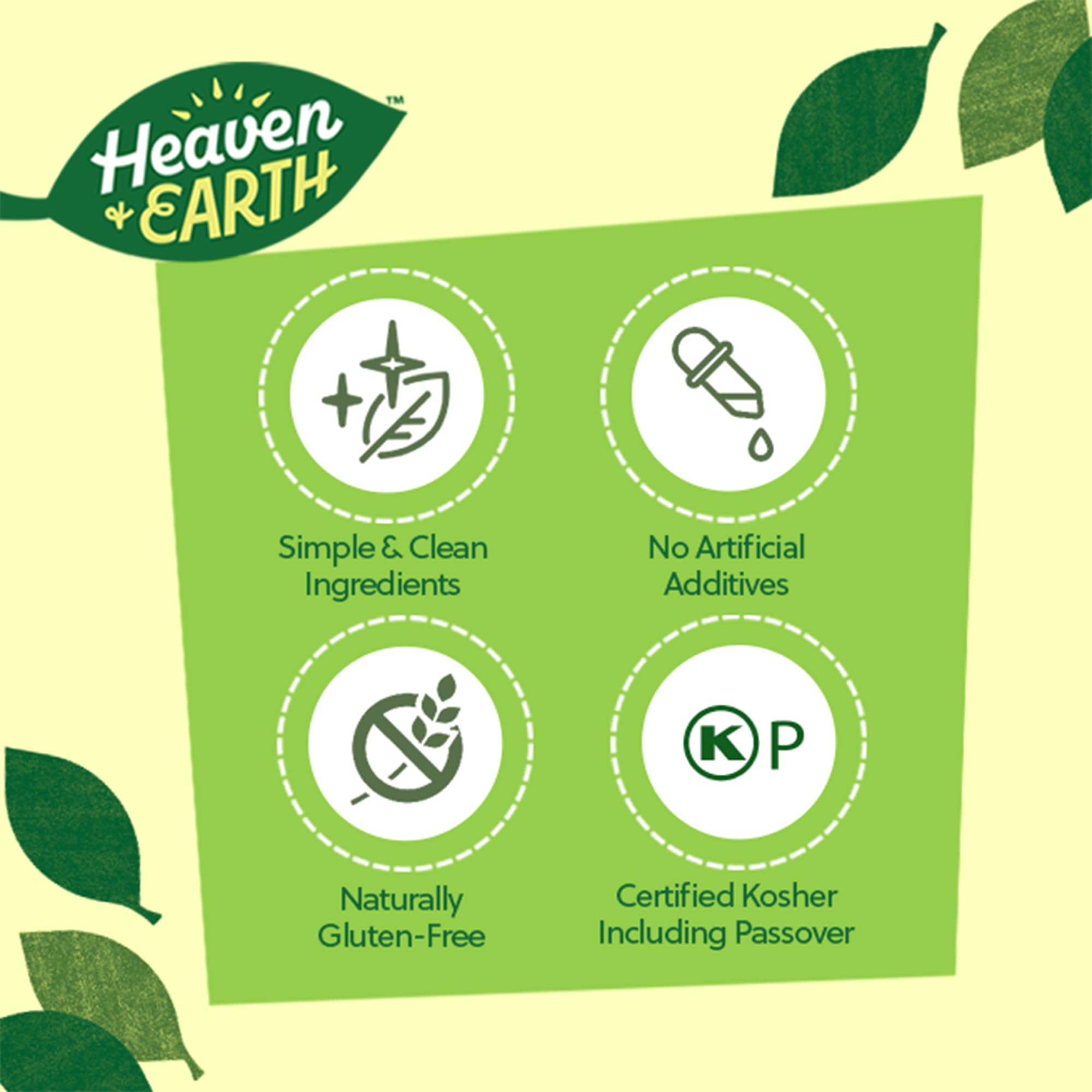 HEAVEN & EARTH label close-up showing Non-GMO and kosher certifications