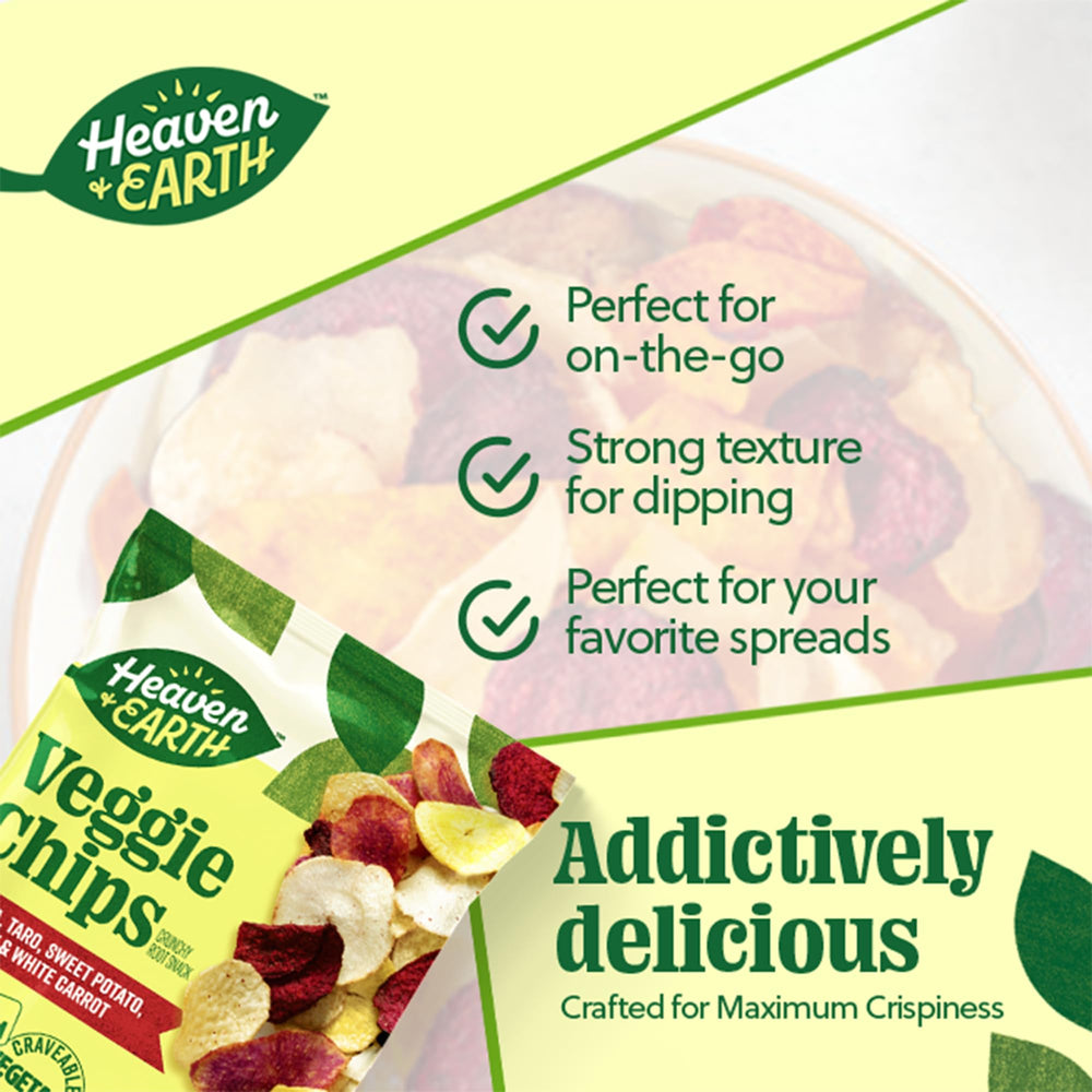 HEAVEN & EARTH single-serve pouch opened showing fresh chips