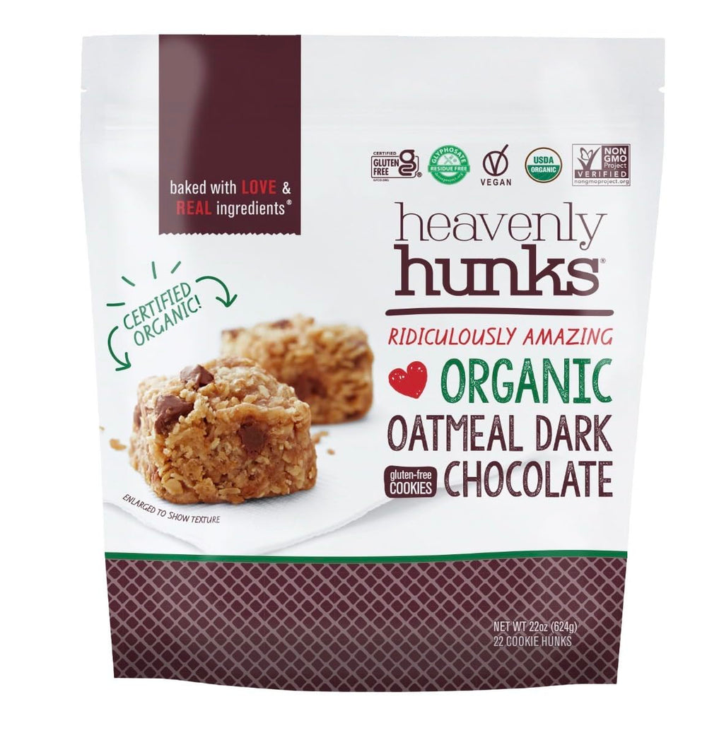 Heavenly's Hunks front package showing cookies, highlights organic gluten-free vegan indulgence