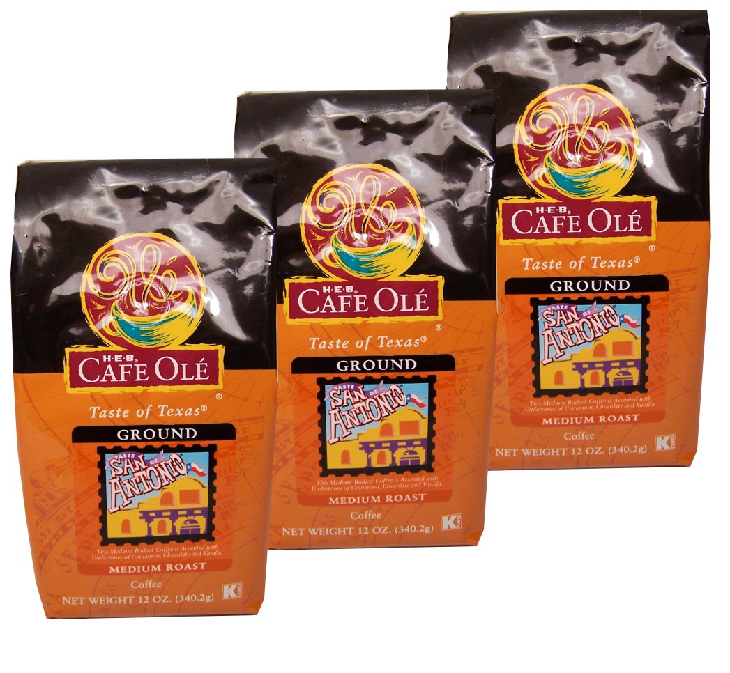HEB Café Olé front packaging showing three 12oz bags and clear product branding for easy selection