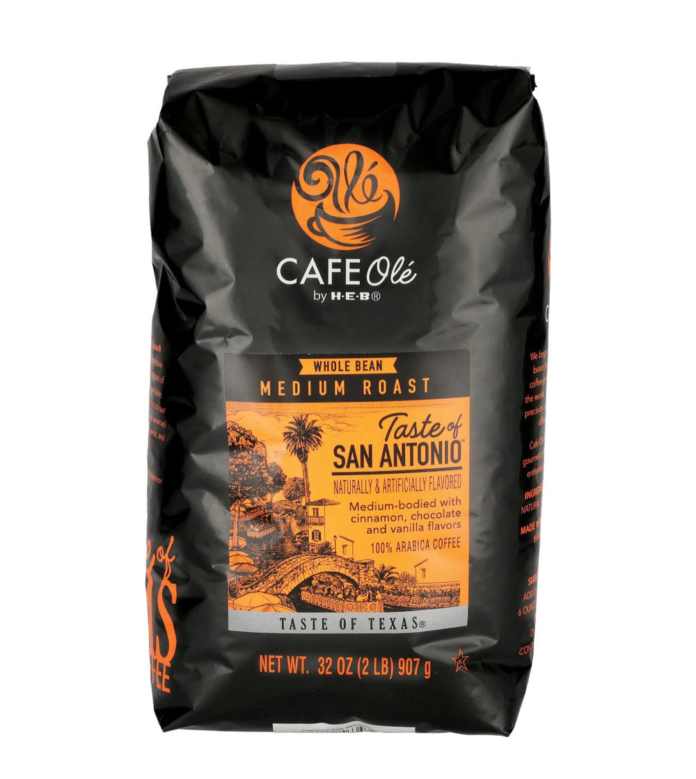 HEB Cafe Ole front packaging showing whole beans and flavor notes for aromatic brewing