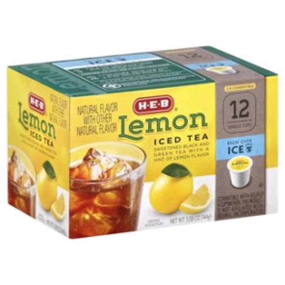 HEB front packaging showing 12 pods and lemon iced tea benefits