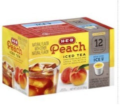 H.E.B peach iced tea single-serve cup front packaging showing convenient pods and flavor