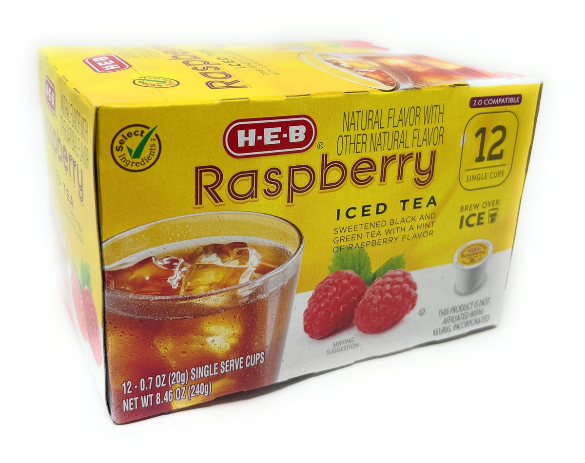 HEB raspberry iced tea pod front view showing pod and box, fast cold-brew convenience