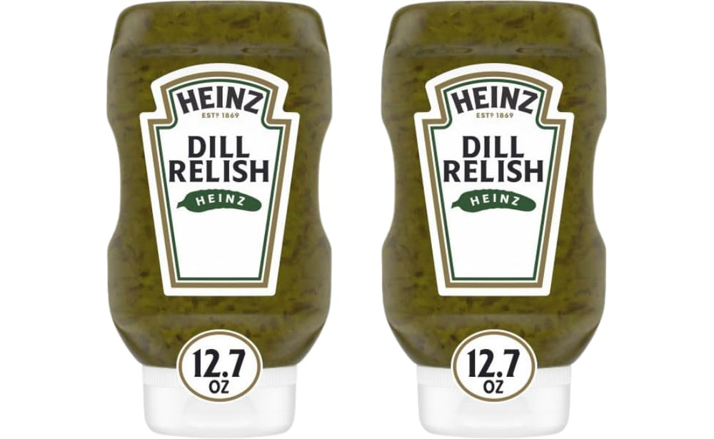 HEINZ dill relish front packaging showing bottle and label, convenient dispensing