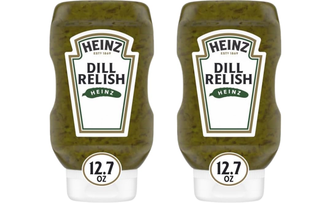 HEINZ dill relish front packaging showing bottle and label, convenient dispensing