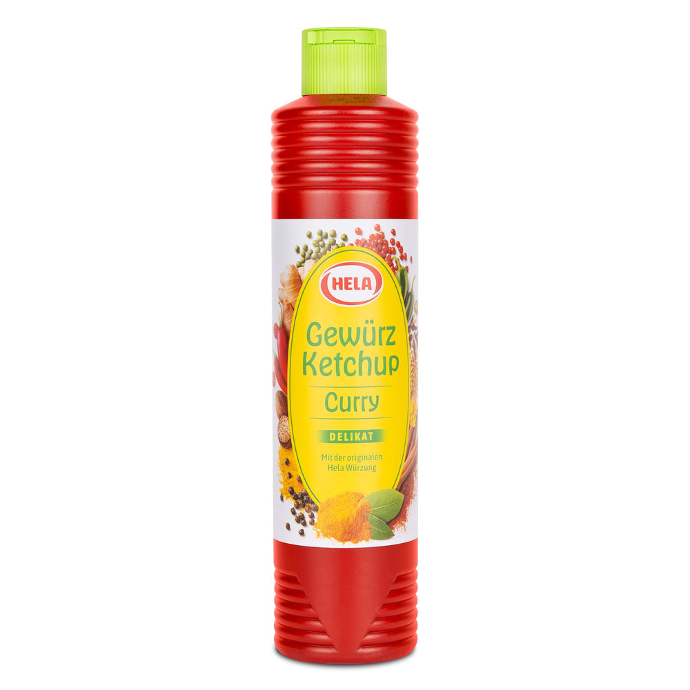 HELA 800 ml front bottle showing brand and mild curry ketchup benefit