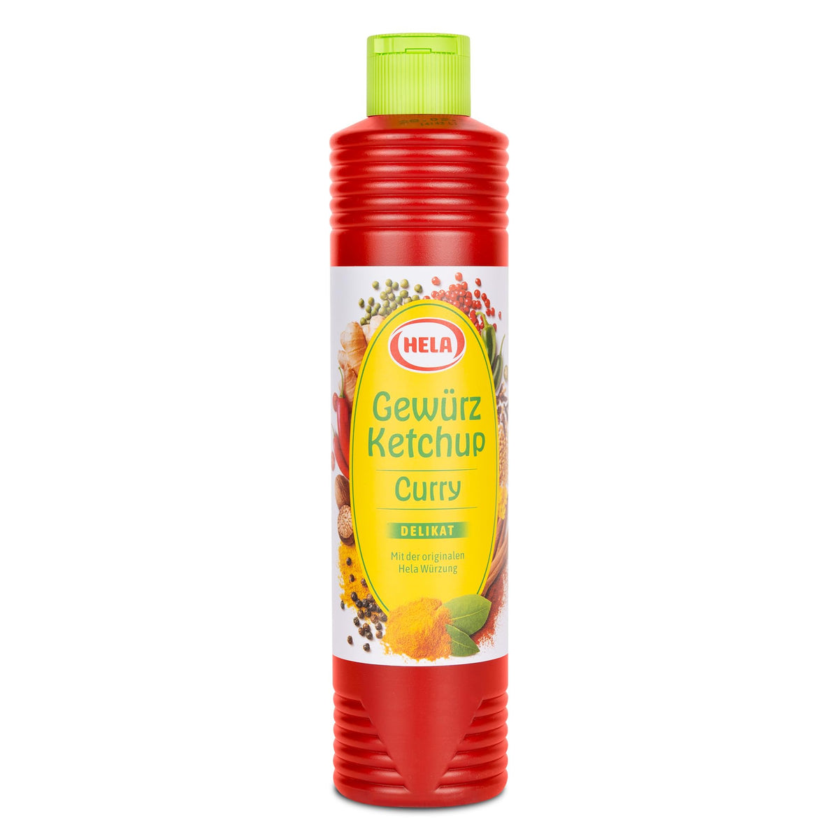 HELA 800 ml front bottle showing brand and mild curry ketchup benefit