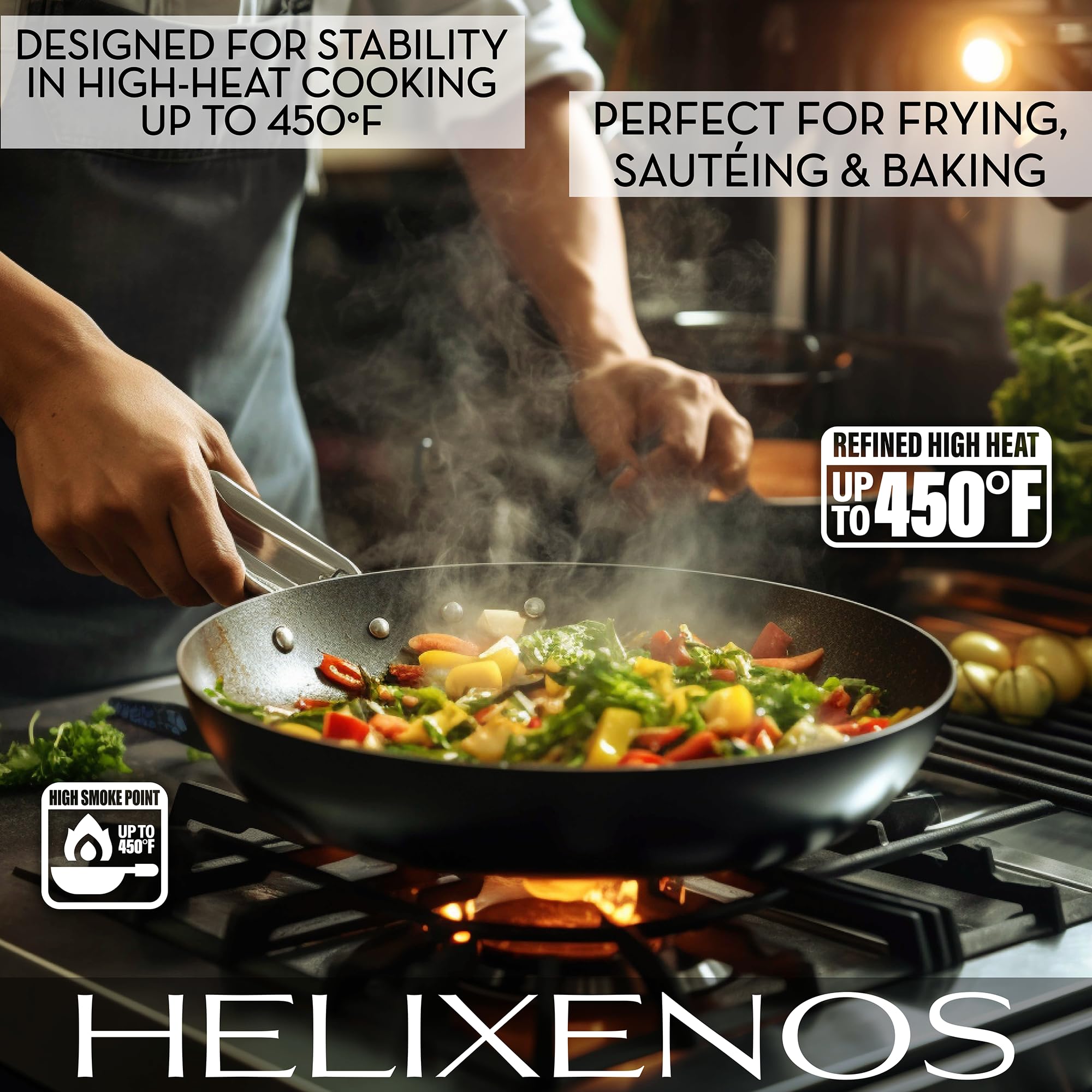 HELIXENOS in a frying pan showing high-heat cooking stability
