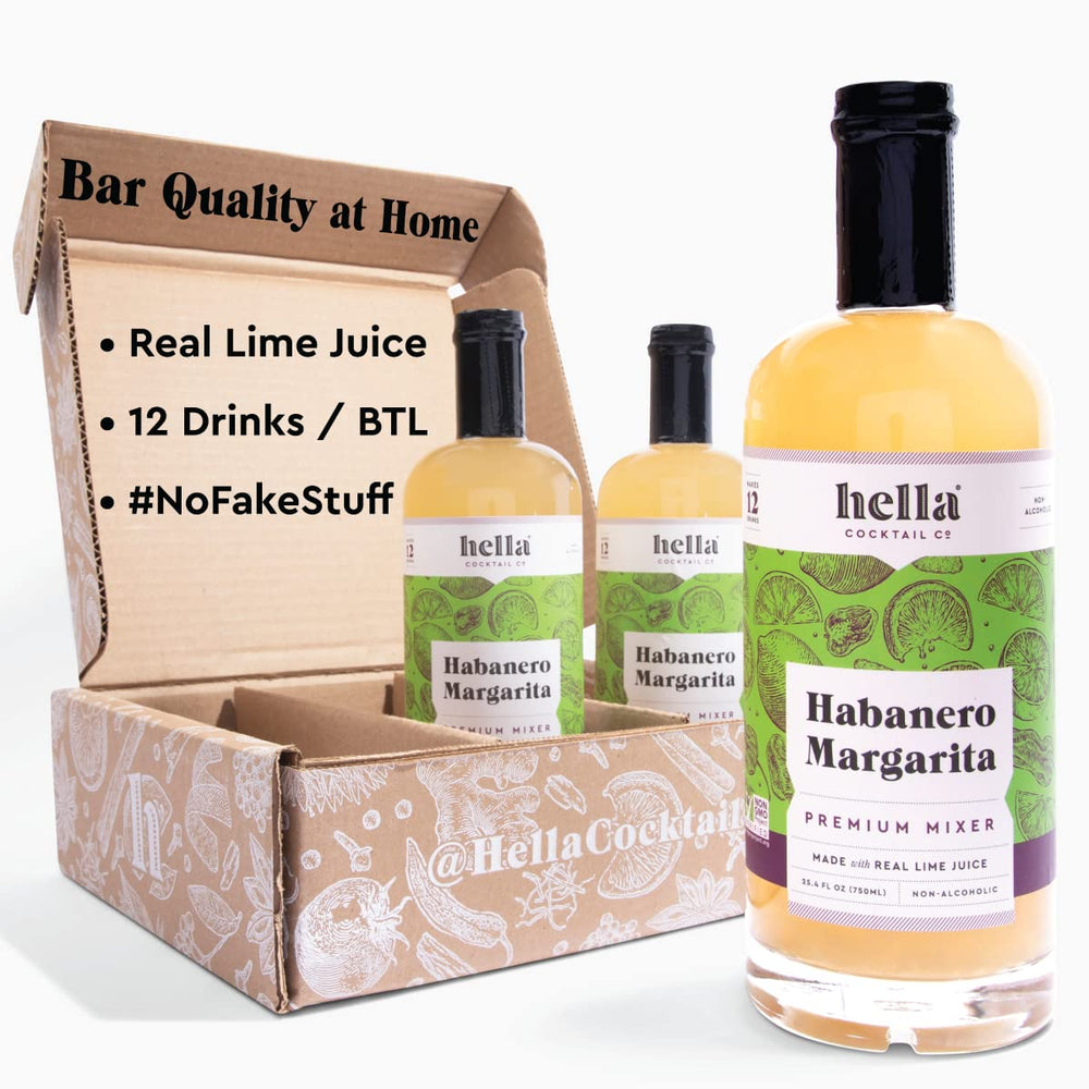 Hella Cocktail Co. front label showing premium habanero margarita mixer benefit of real lime