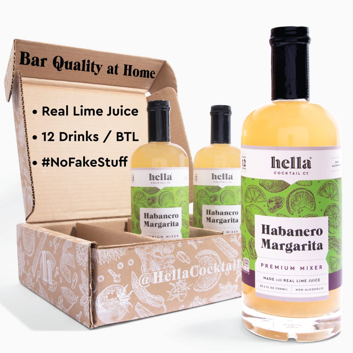 Hella Cocktail Co. front label showing premium habanero margarita mixer benefit of real lime