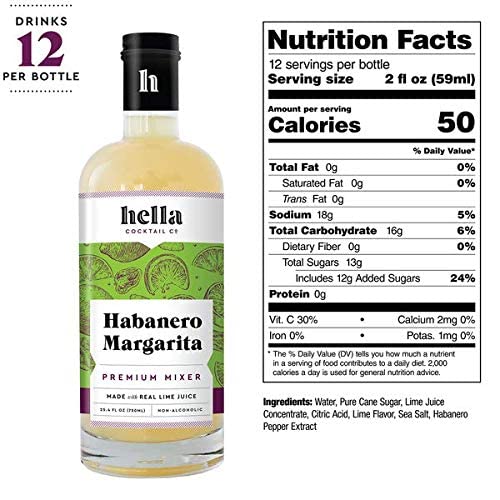 Hella Cocktail Co. label close-up showing ingredients and artisanal mixer benefit: clear ingredient list