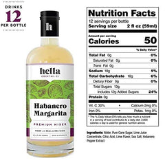 Hella Cocktail Co. label close-up showing ingredients and artisanal mixer benefit: clear ingredient list