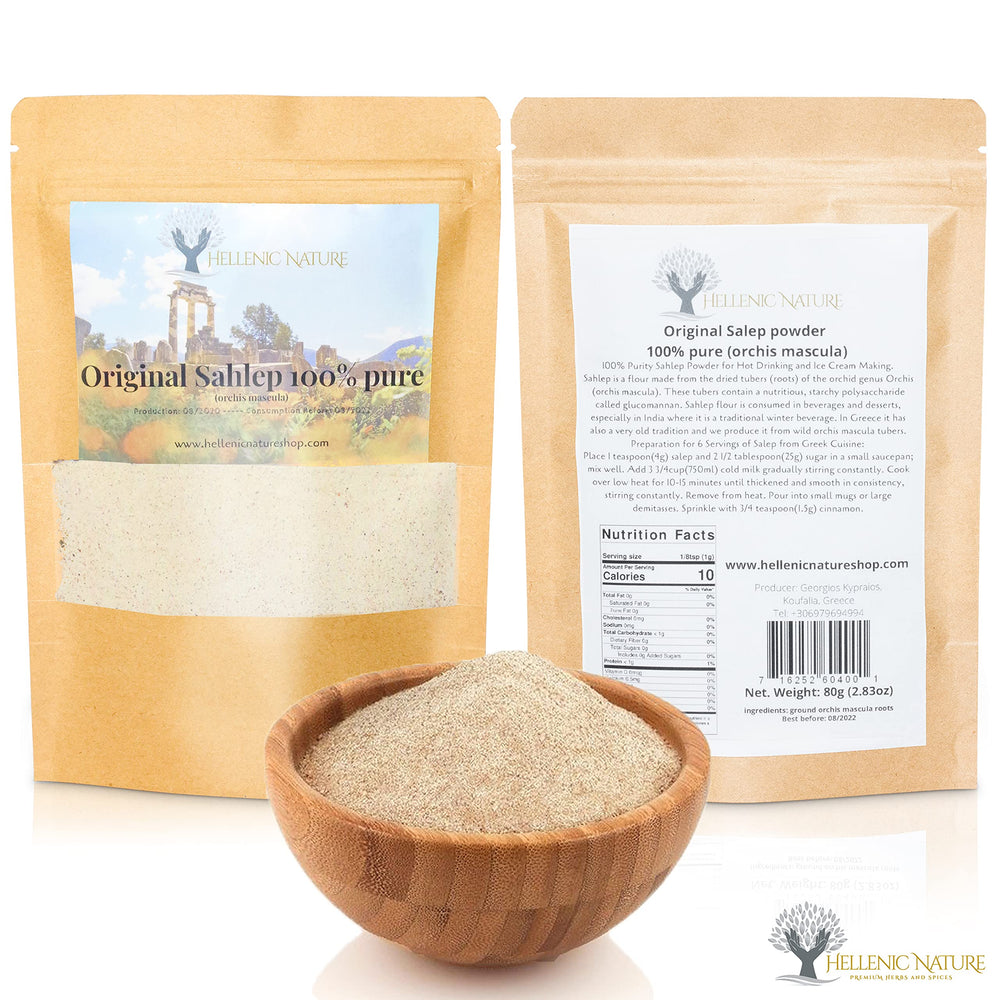 hellenic nature close-up of fine salep powder texture highlighting pure thickening power