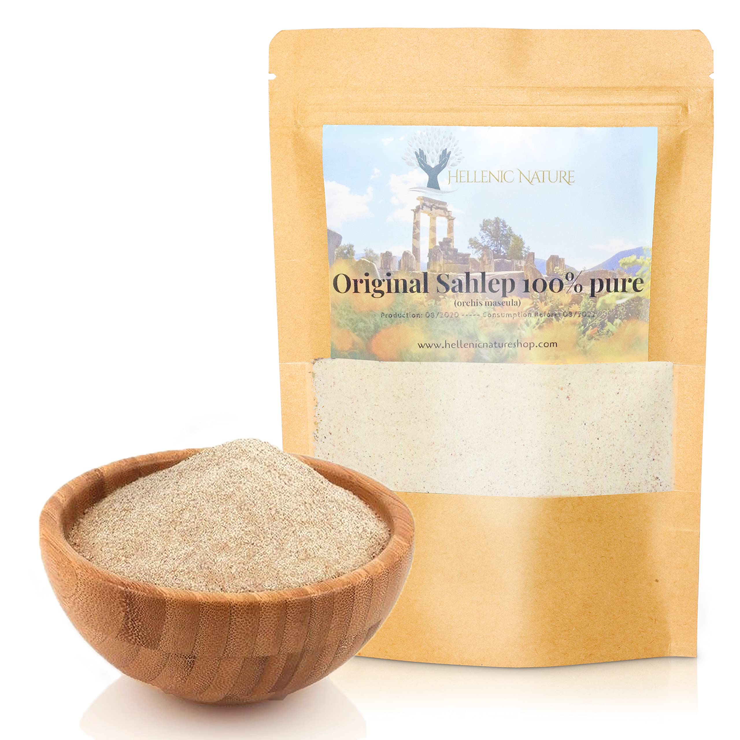 hellenic nature front packaging showing the resealable 80g pouch and label benefit freshness