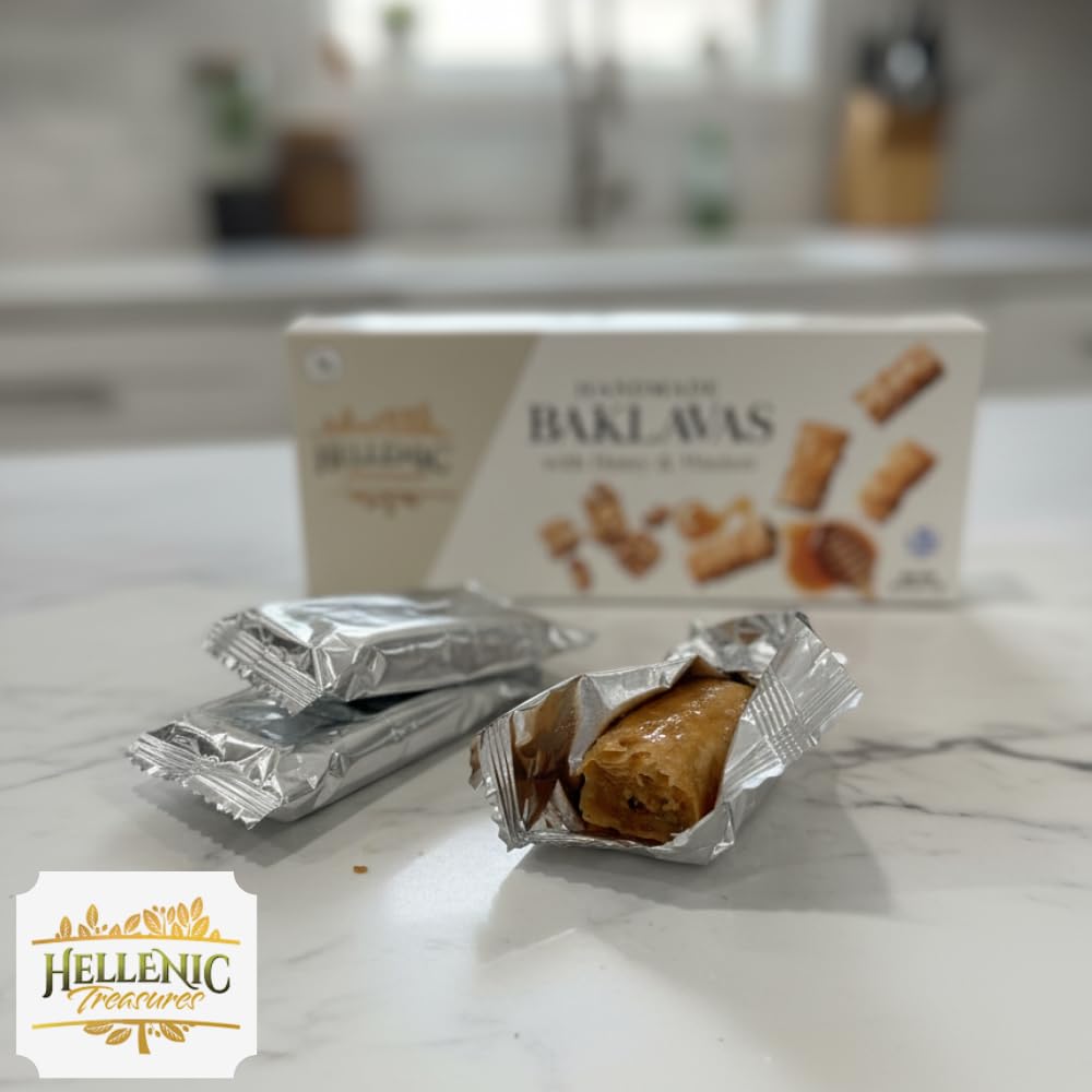 Hellenic Treasures walnut baklava close-up showing golden layers and rich texture