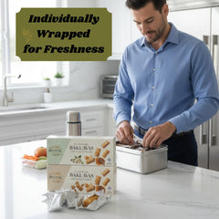 Hellenic Treasures open box with six individually wrapped pastries demonstrating portability