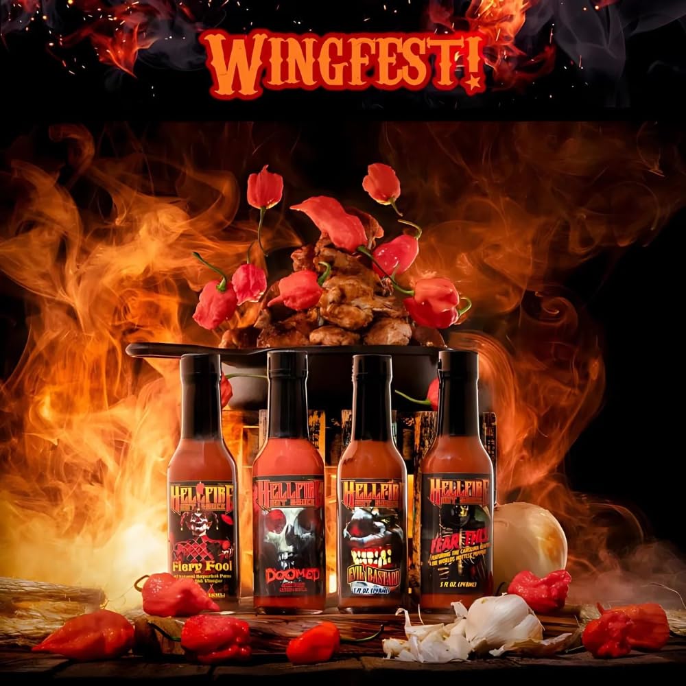 Hell Fire served at a table scene with wings and fries highlighting social sharing and bold flavor