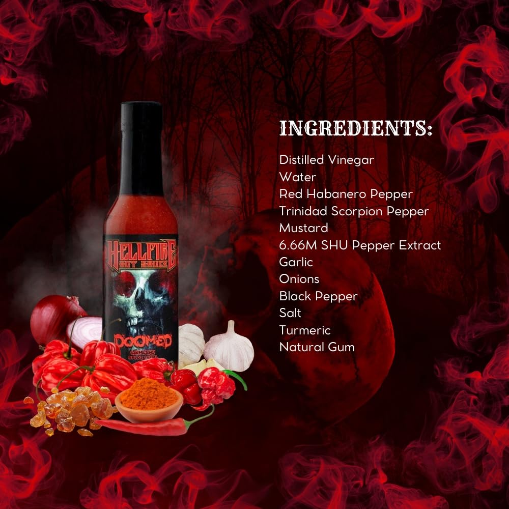 Hell Fire bottle beside whole peppers and garlic showing quality ingredients and artisan sourcing