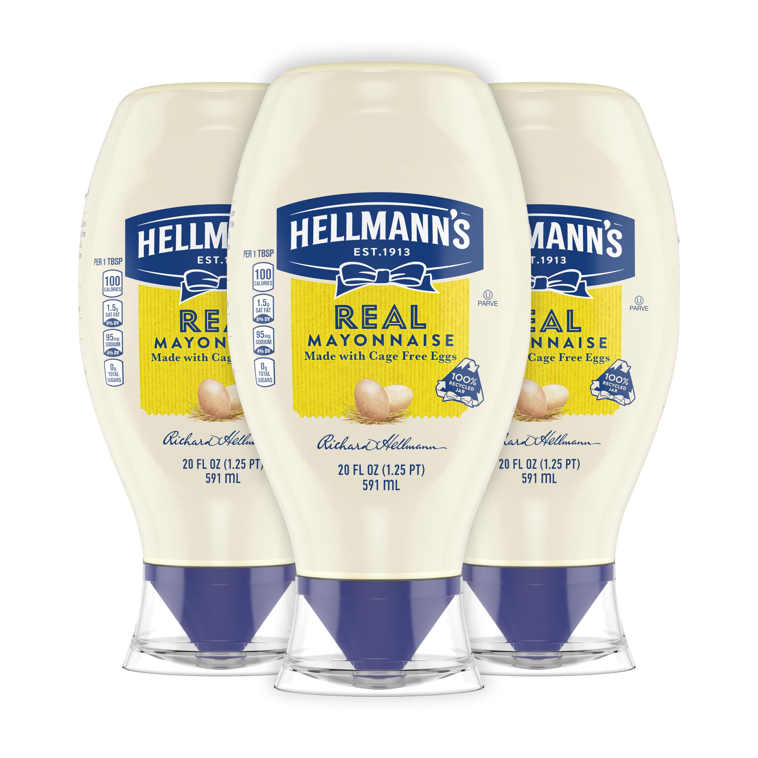 Hellmann's 3-pack front packaging shows brand and size, convenient pantry supply