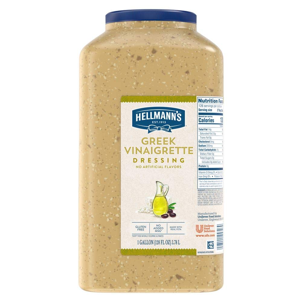 Hellmann's 1-gallon jug front label showing feta and olive ingredients for consistent catering flavor