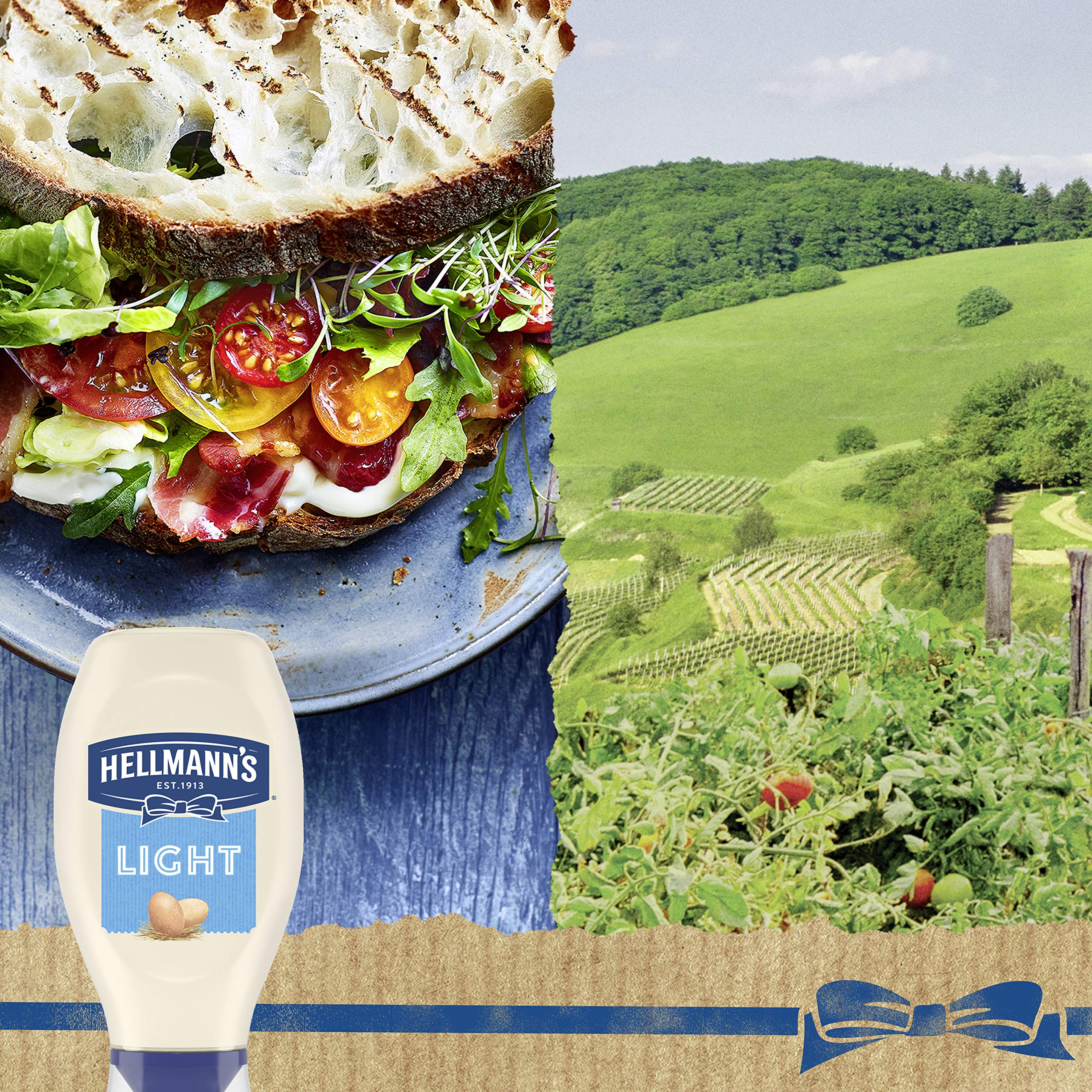 Hellmann's light mayonnaise being squeezed onto a sandwich showing easy application and neat portions