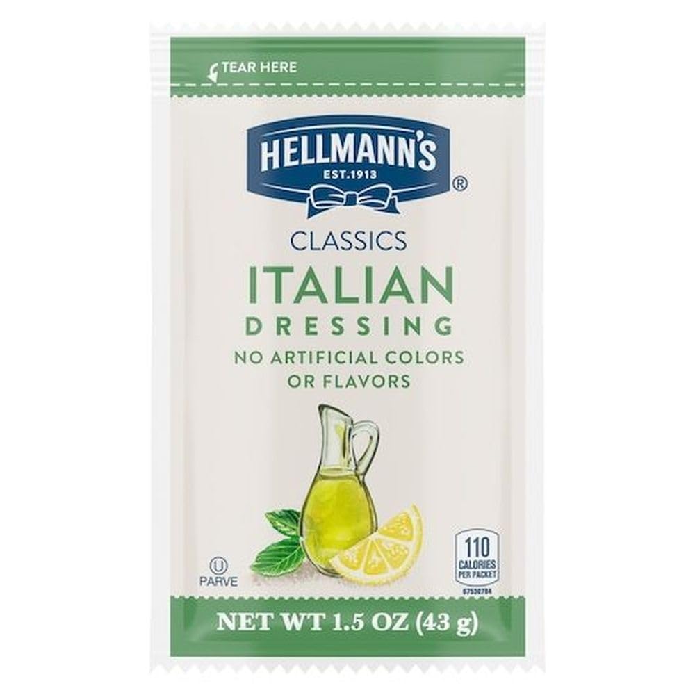 Hellmann's open packet pouring Italian vinaigrette onto a salad for freshness