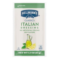 Hellmann's open packet pouring Italian vinaigrette onto a salad for freshness