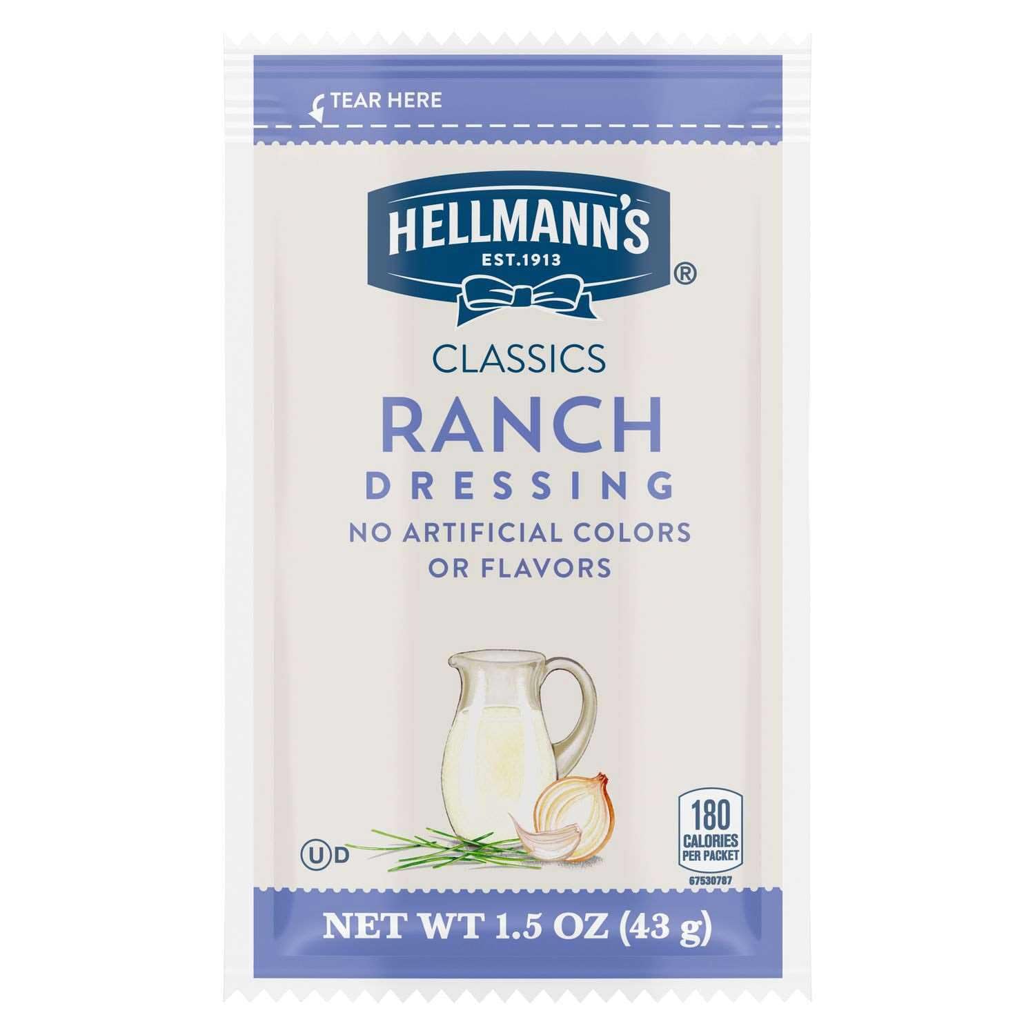 Close-up of a single Hellmann's ranch packet detailing texture and seal