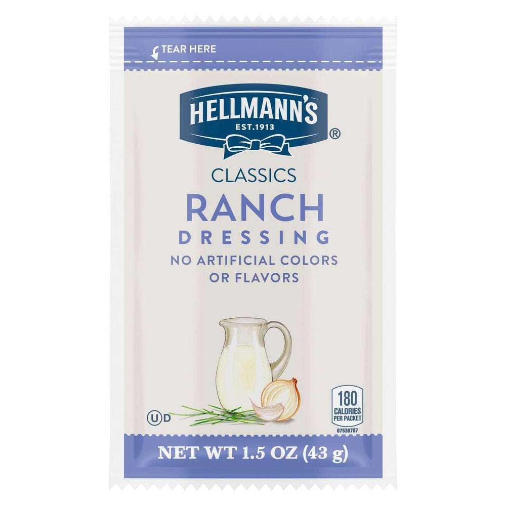 Close-up of a single Hellmann's ranch packet detailing texture and seal
