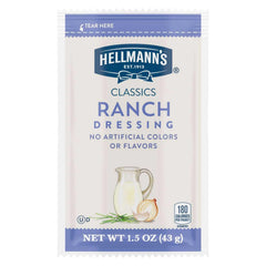 Close-up of a single Hellmann's ranch packet detailing texture and seal