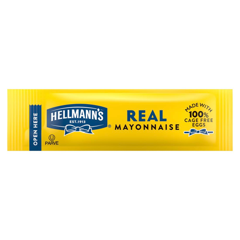 Hellmann's front packaging of 210 single-serve mayo packets, clear bulk convenience