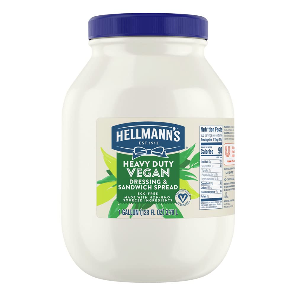 Hellmann's vegan mayo front packaging jar showing brand and gallon size for easy identification