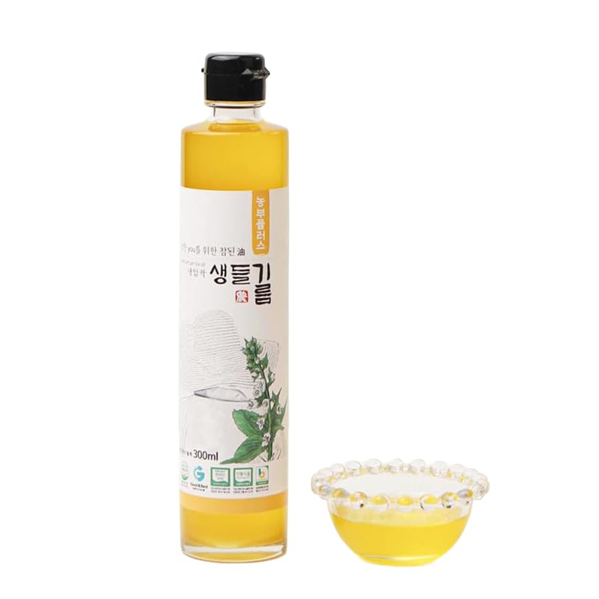 HELLO KFOOD front bottle view showing premium perilla oil packaging and clear label