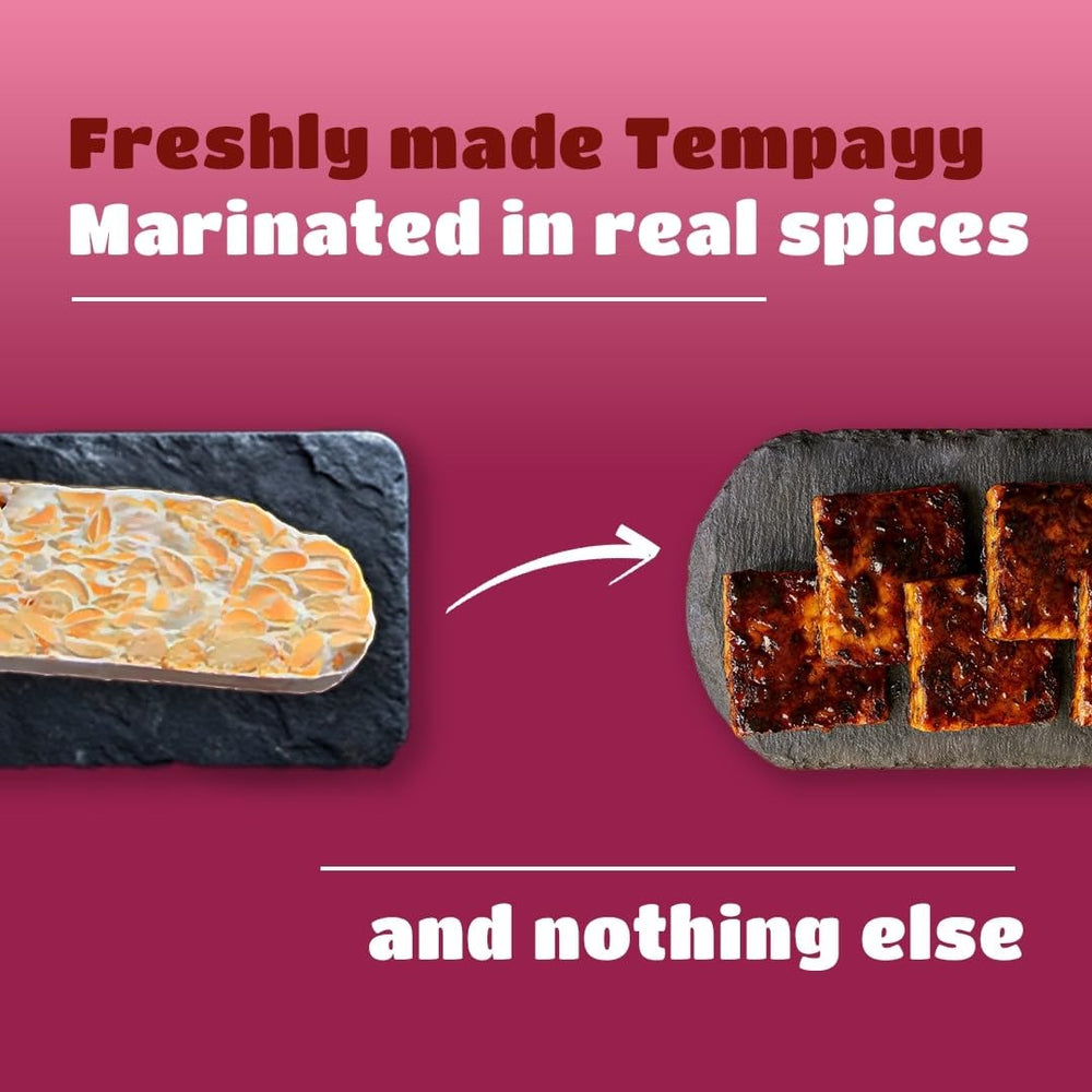 Hello Tempayy close-up of marinated tempeh texture highlighting savory flavor