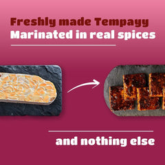 Hello Tempayy close-up of marinated tempeh texture highlighting savory flavor