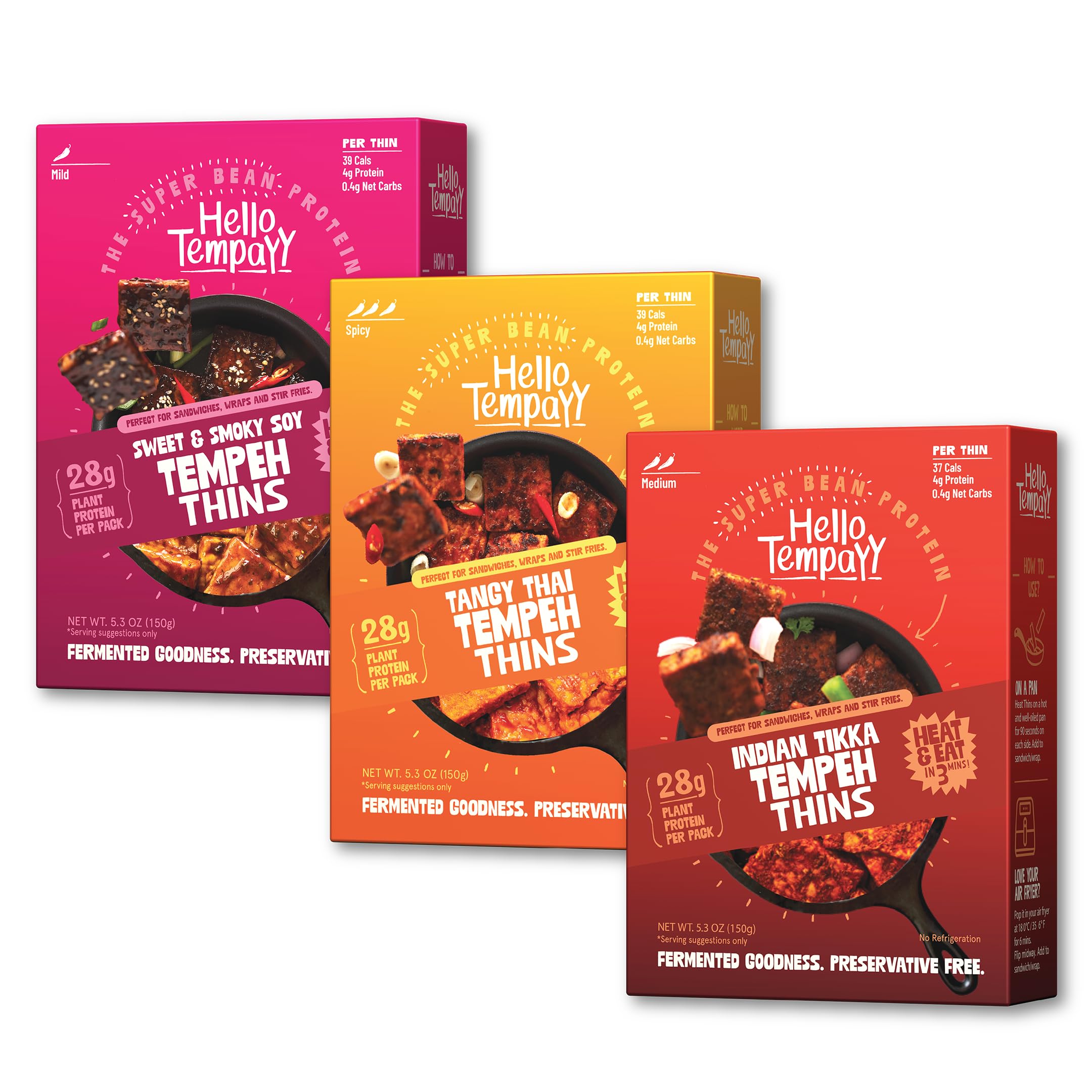 Hello Tempayy front packaging showing shelf-stable thins and convenience benefit