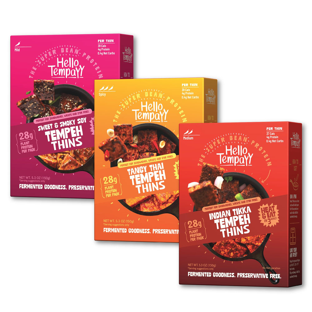 Hello Tempayy front packaging showing shelf-stable thins and convenience benefit