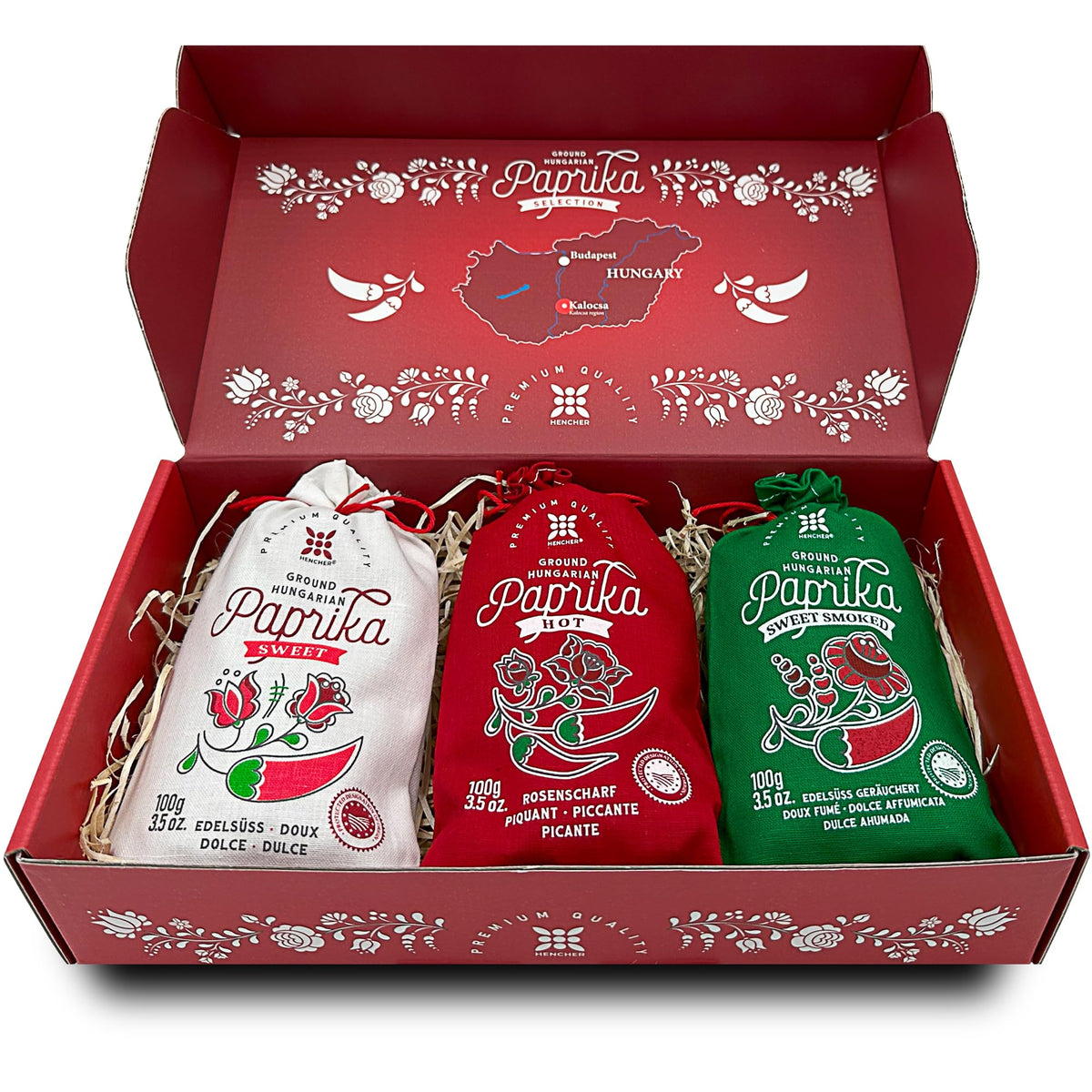 Hencher front packaging showing Kalocsa gift box and authenticity