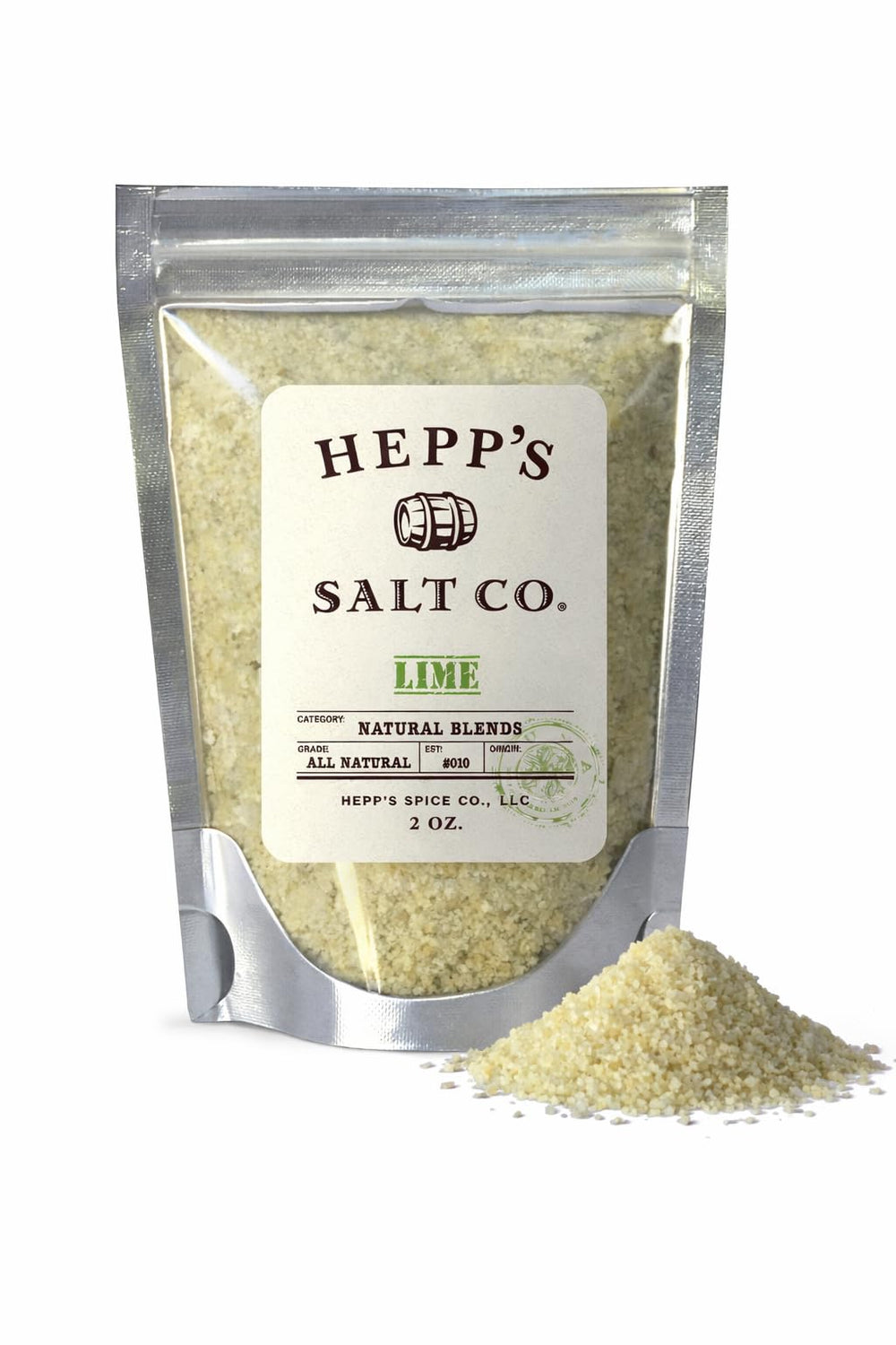 Hepp's Salt Co. jar front label showing lime sea salt for cocktail rimming benefit