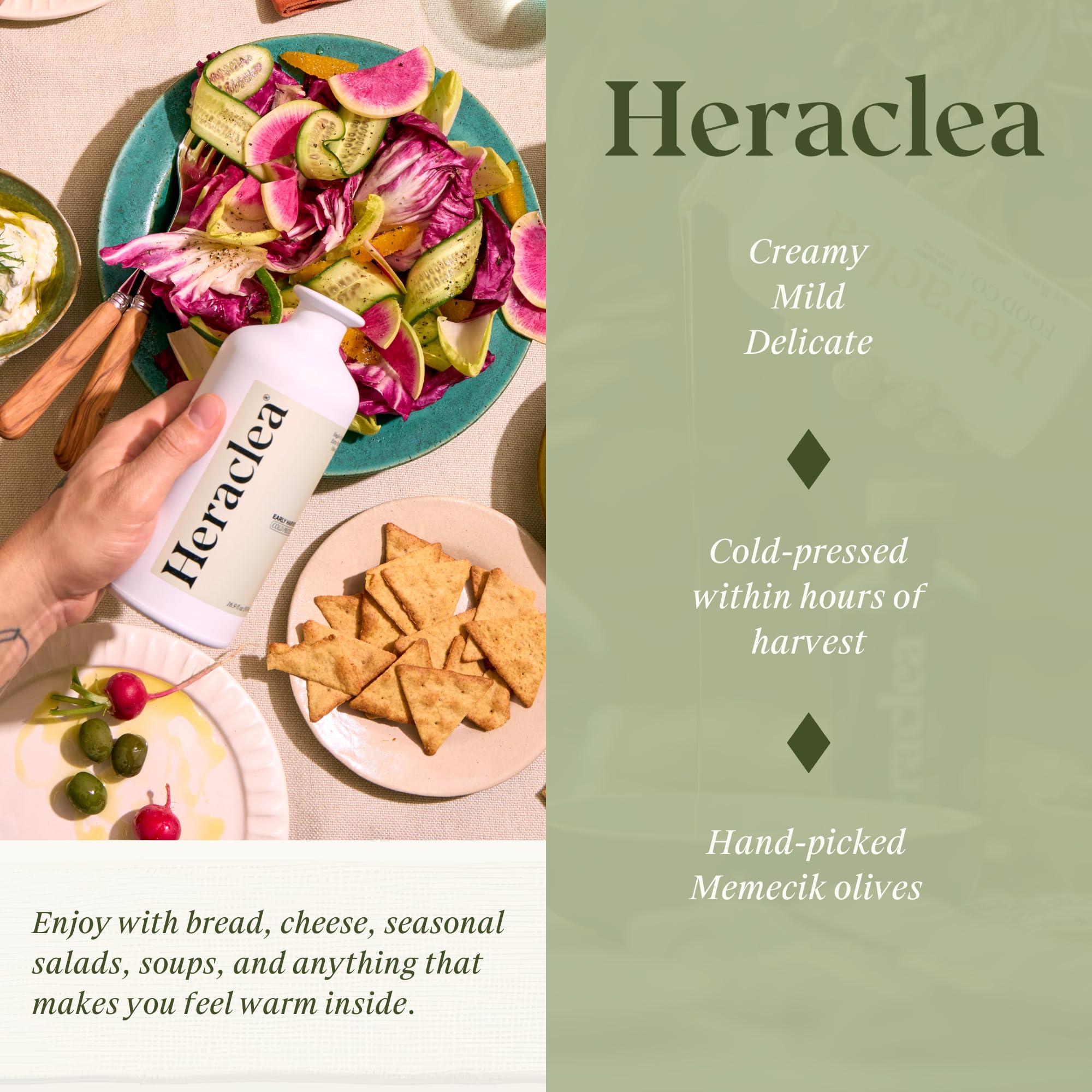 Heraclea bottle beside bread dip demonstrating flavor-enhancing benefit