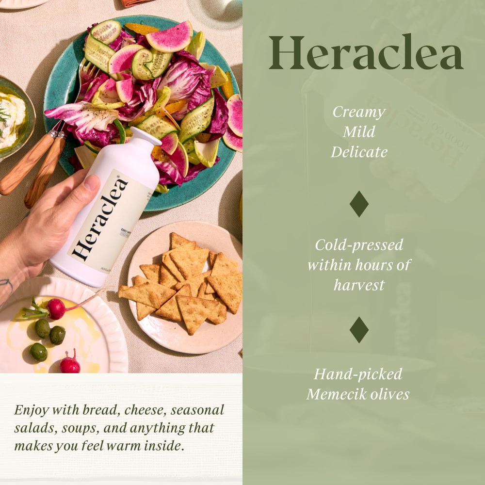 Heraclea bottle beside bread dip demonstrating flavor-enhancing benefit