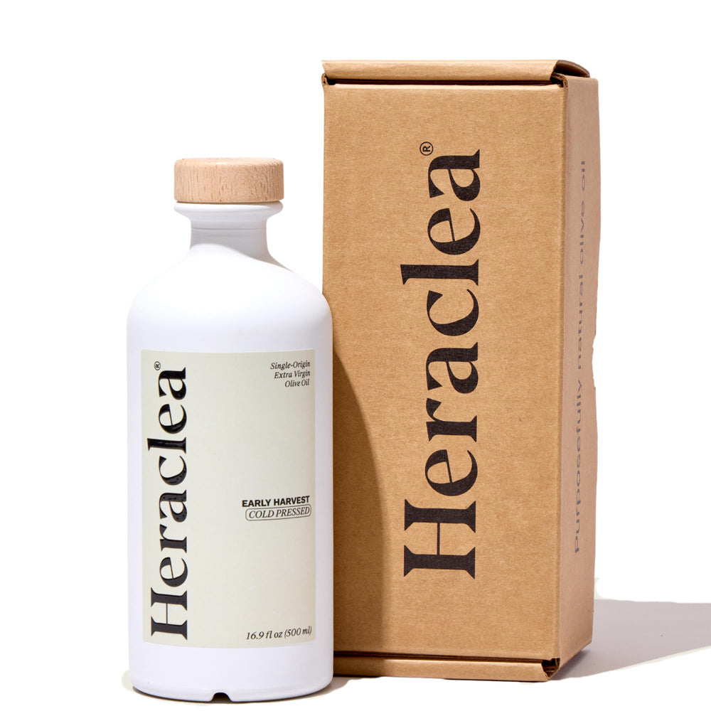 Heraclea front bottle showing organic early harvest and origin benefits
