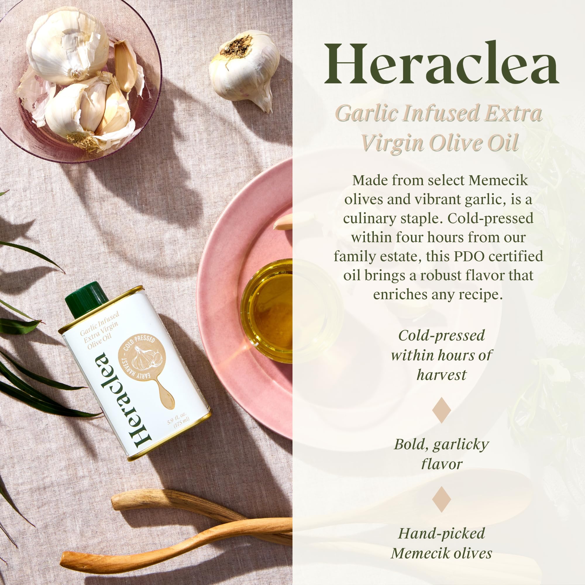 Heraclea oil texture and garlic pieces close-up for flavor intensity