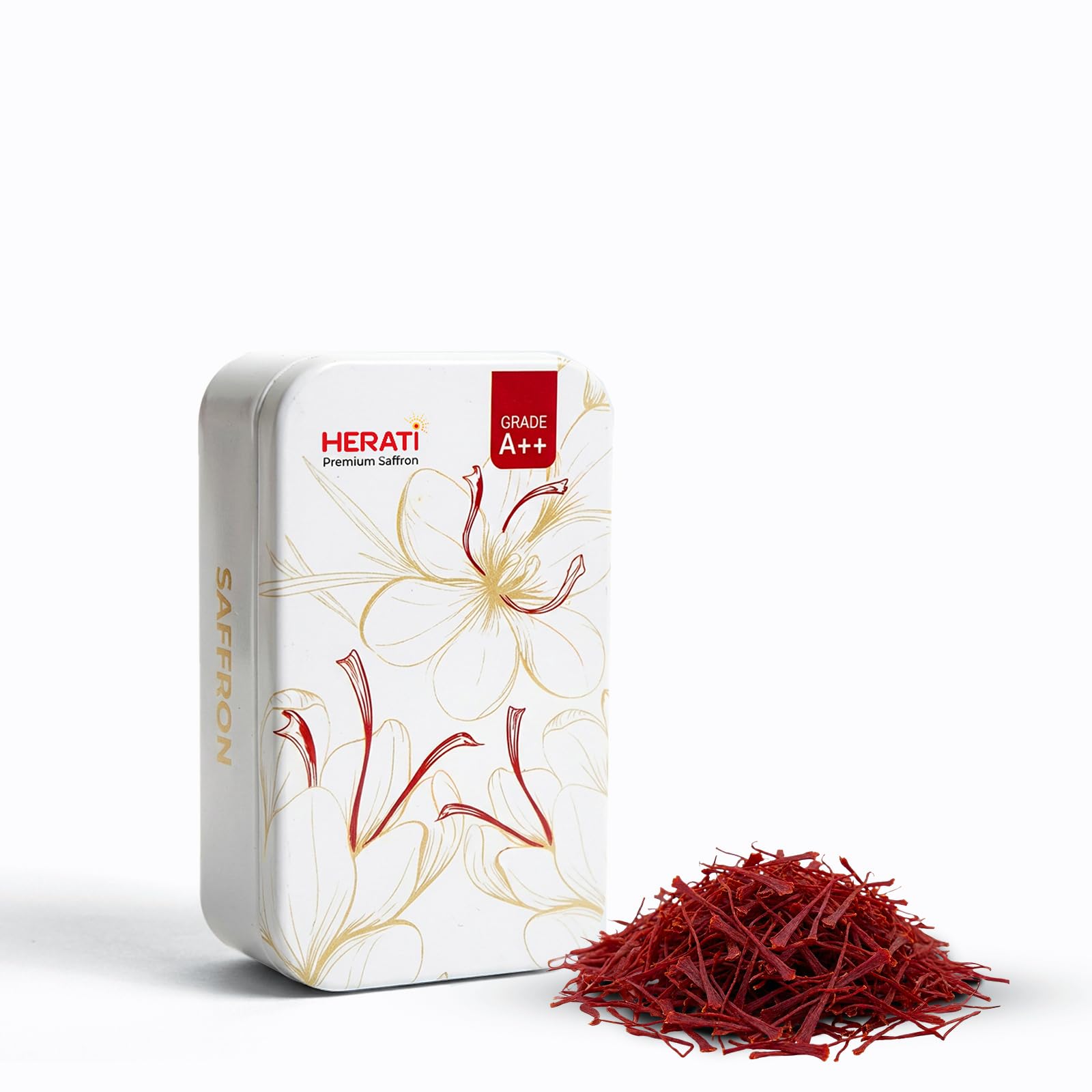 HERATI tin front packaging showing premium saffron and freshness preservation