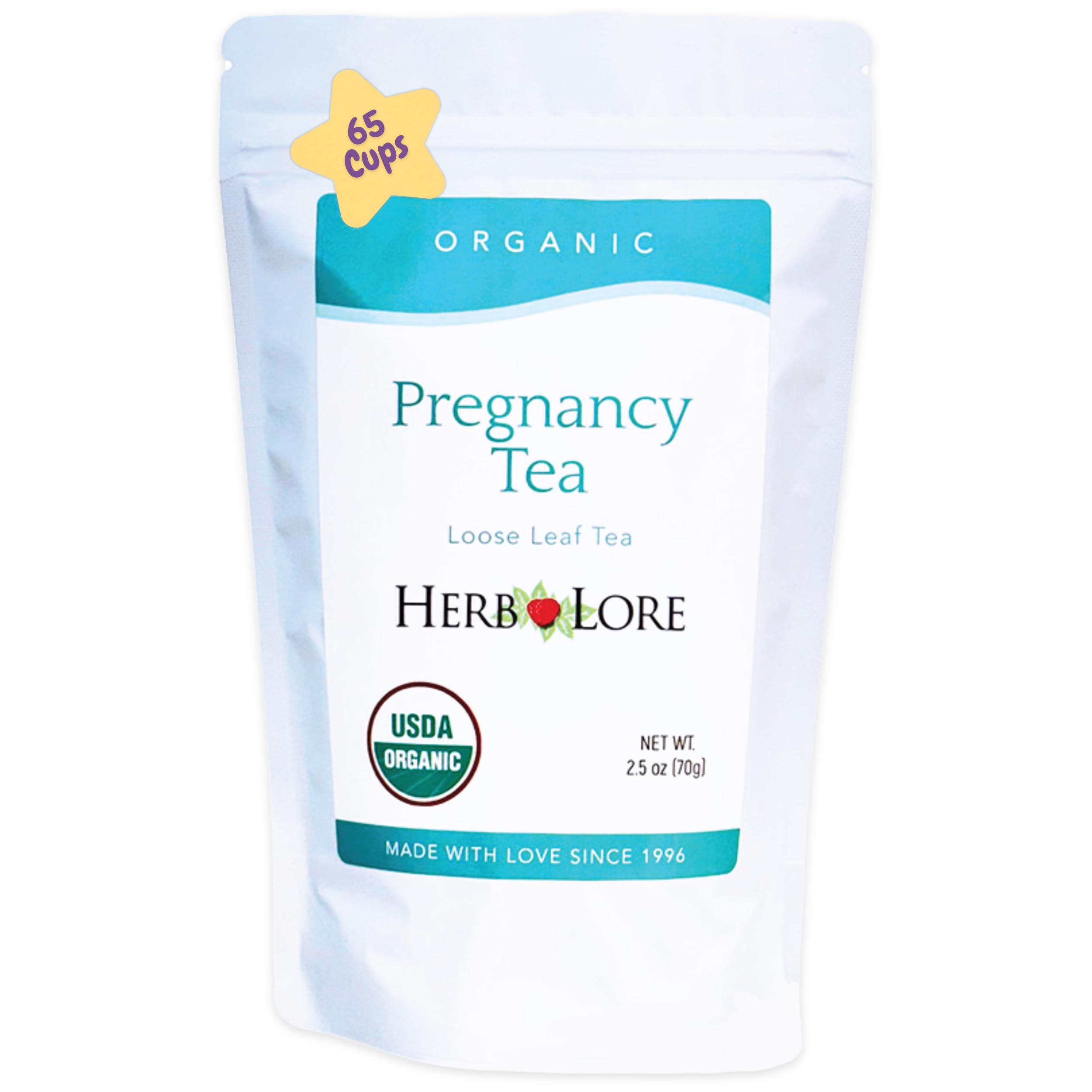 Herb Lore front packaging showing organic pregnancy tea benefits and servings